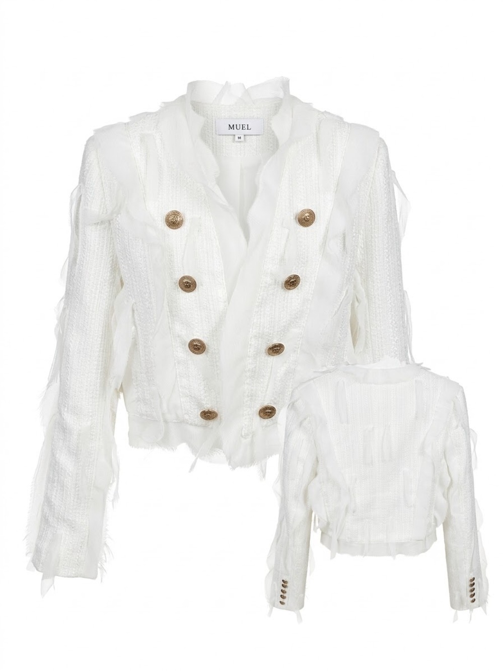 Muel White Double-Breasted Frayed Cropped Blazer